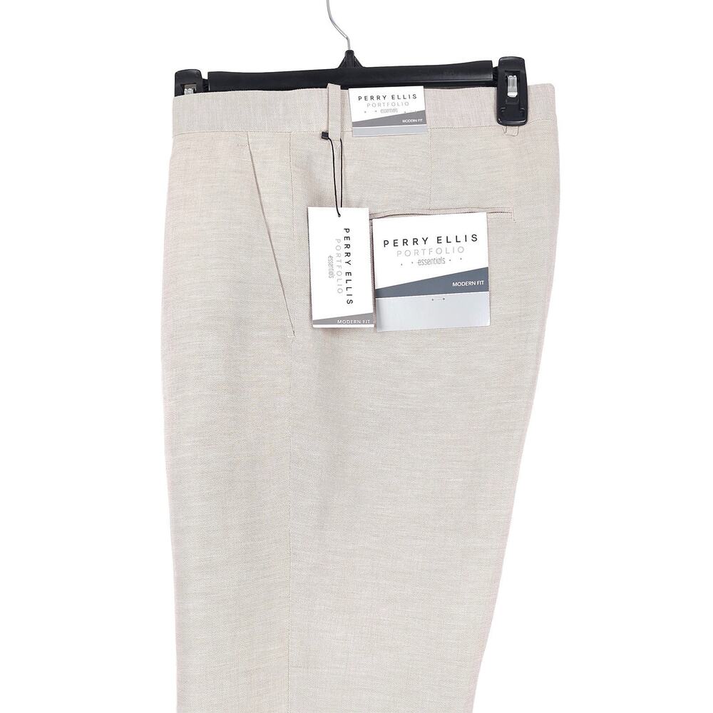 Perry Ellis Portfolio Mens Modern Fit Dress Pants 36x33 Light Tan Linen Cotton